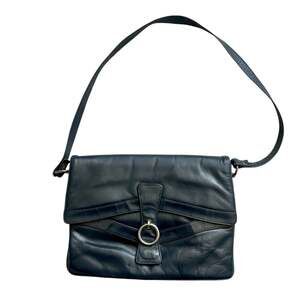 Vintage 70s Navy Blue Leather Multi-Compartment Shoulder Bag
